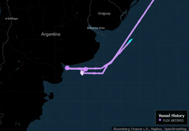在政府拒绝接收从俄罗斯采购的货物后，Flex Artemis离开阿根廷的Bahia Blanca码头