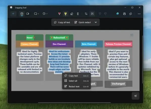 截图工具中的新复制文本功能。图片:微软
